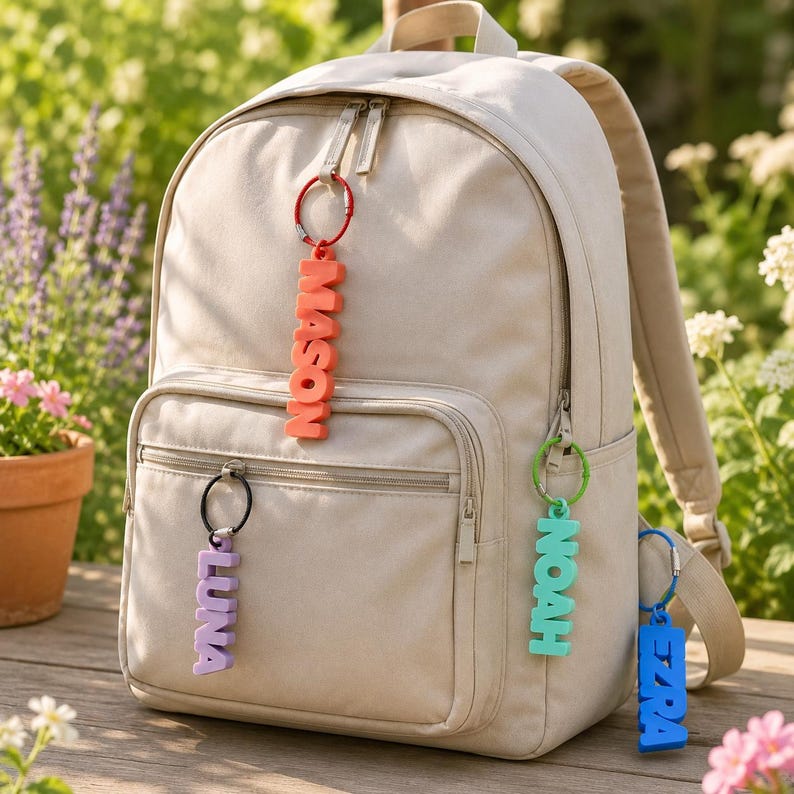 May include: A beige backpack featuring four hanging name keychains. The orange keychain reads MASON, the purple one reads LUNA, the green one reads NOAH, and the blue one reads EZRA. Each keychain is attached to a metal ring on the backpack zippers.