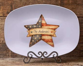 Bandeja personalizada con la bandera estadounidense y estrella, bandeja para servir con el nombre de la familia.
