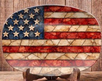 American Flag Platter, Watercolor Faux Stained Glass Serving Tray, Patriotic Kitchen Decor