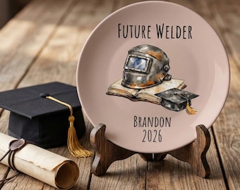 Personlig examenstallrik för framtida svetsare, nyckfullt minnessak i akvarellkonst