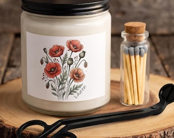 August Birth Flower Candle Set, Poppy Gladiolus Scented Candle with Matches, Wick Cutter