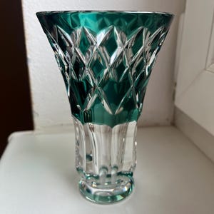 vintage val saint lambert crystal vase emerald green cut to clear signed belgian glass