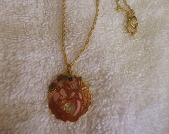 26mm Cloisonne Pendant Necklace, Pink Flowers, 18" Gold Tone Chain