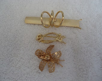 Lot of 3 Vintage New Old Stock Gold Tone Hair Barrettes