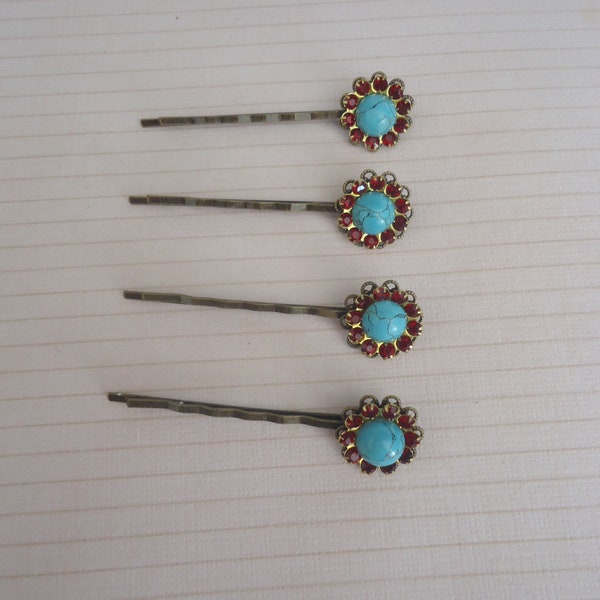 Handmade Antique Brass Bobby Pin with Turquoise Magnesite Stone and Red Rhinestones Embellishment (2 pc)