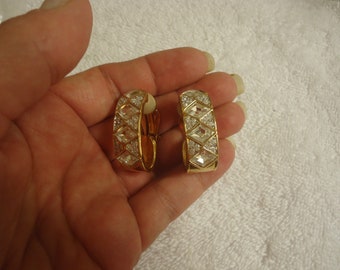 Rhinestone Clip On Earrings, Gold Tone, Swan Stamp Logo
