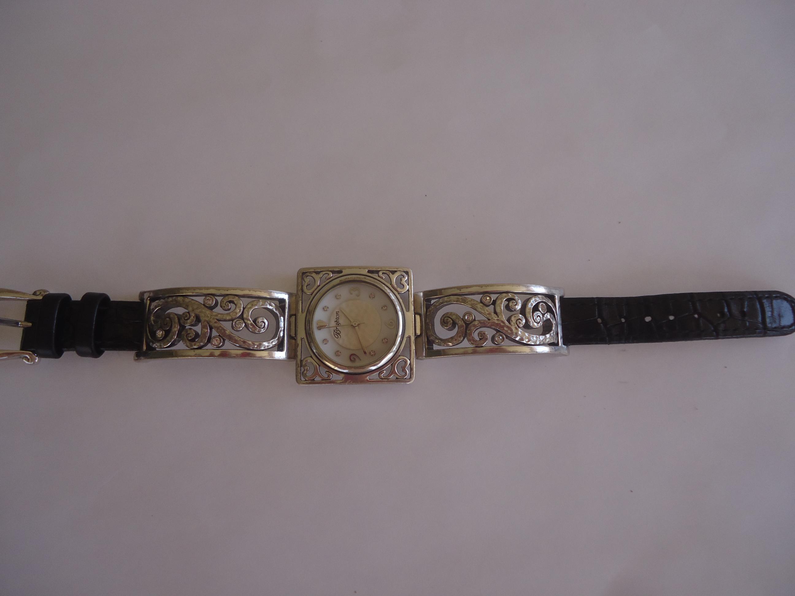Brighton Silver-Tone Watch with Black Dial and Leather-Inset Links Interlok Noir Two Tone Watch Band - Brighton main image 2