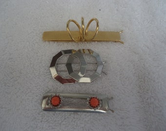 Lot of 3 Vintage New Old Stock Silver Tone and Gold Tone Hair Barrettes