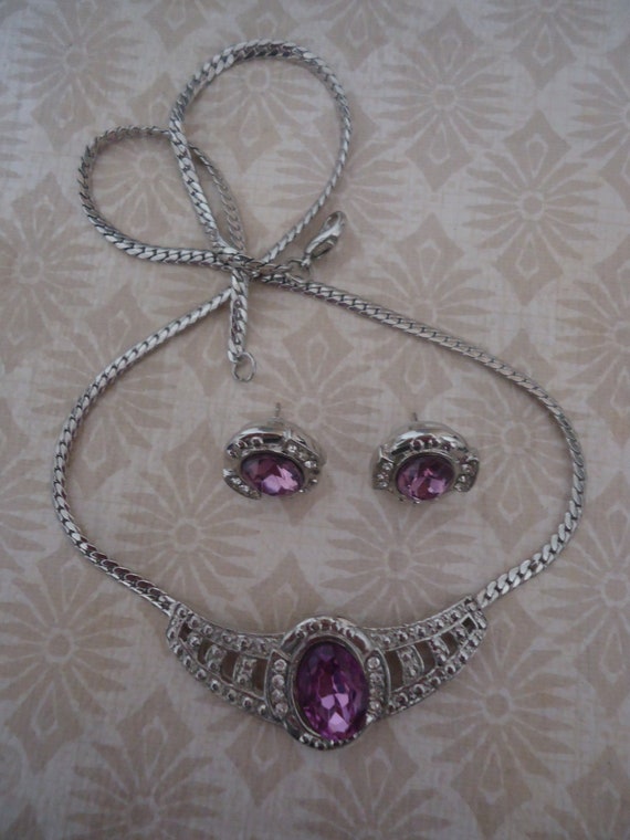 Necklace Set, Purple Glass Stones, Silver Tone Me… - image 1