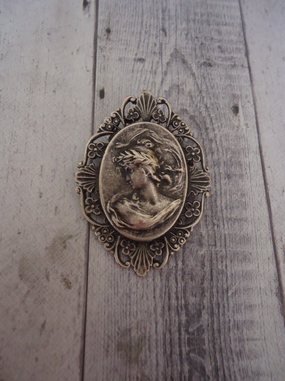 Metal Cameo Brooch, Antiqued Silver Tone, New Old 