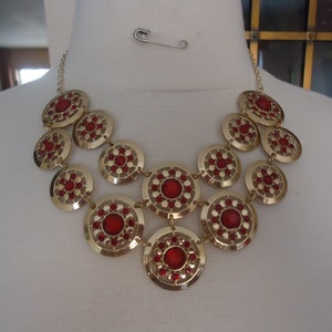 Red Rhinestone Bib Style Necklace, Gold Tone, Adjustable Length