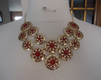 Red Rhinestone Bib Style Necklace, Gold Tone, Adjustable Length