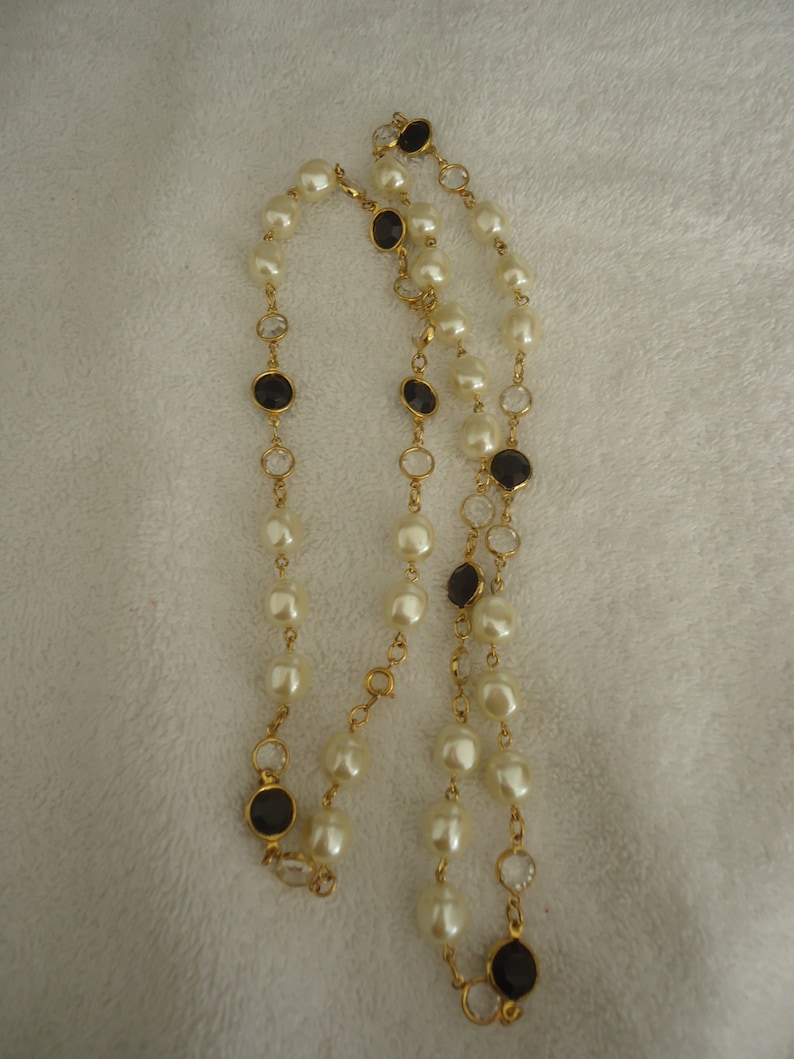 37 Long Long Beaded Glass Faux Pearl and Crystal Necklace