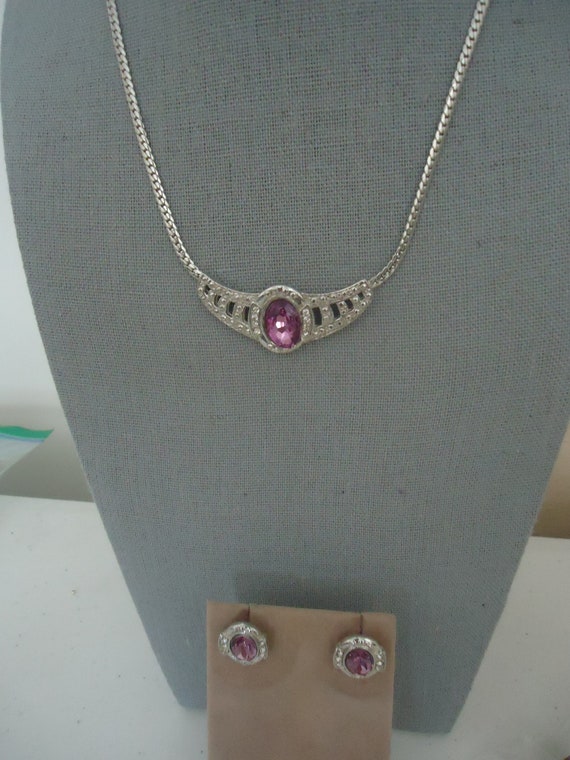 Necklace Set, Purple Glass Stones, Silver Tone Me… - image 2