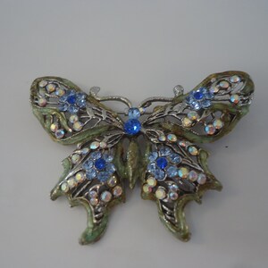 Enamel and Rhinestone Butterfly Brooch, Silver Tone Metal, 2 7/8&quot; Wide