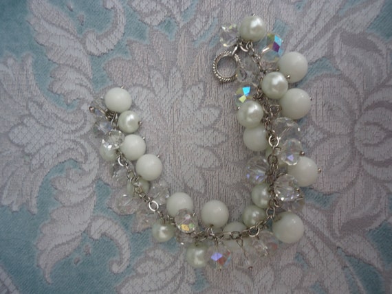 REDUCED Late 50s Expandable White Milk Glass and Silvertone Cha Cha Bangle