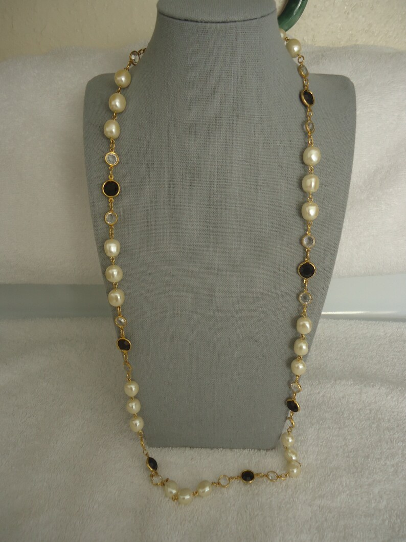 37 Long Long Beaded Glass Faux Pearl and Crystal Necklace