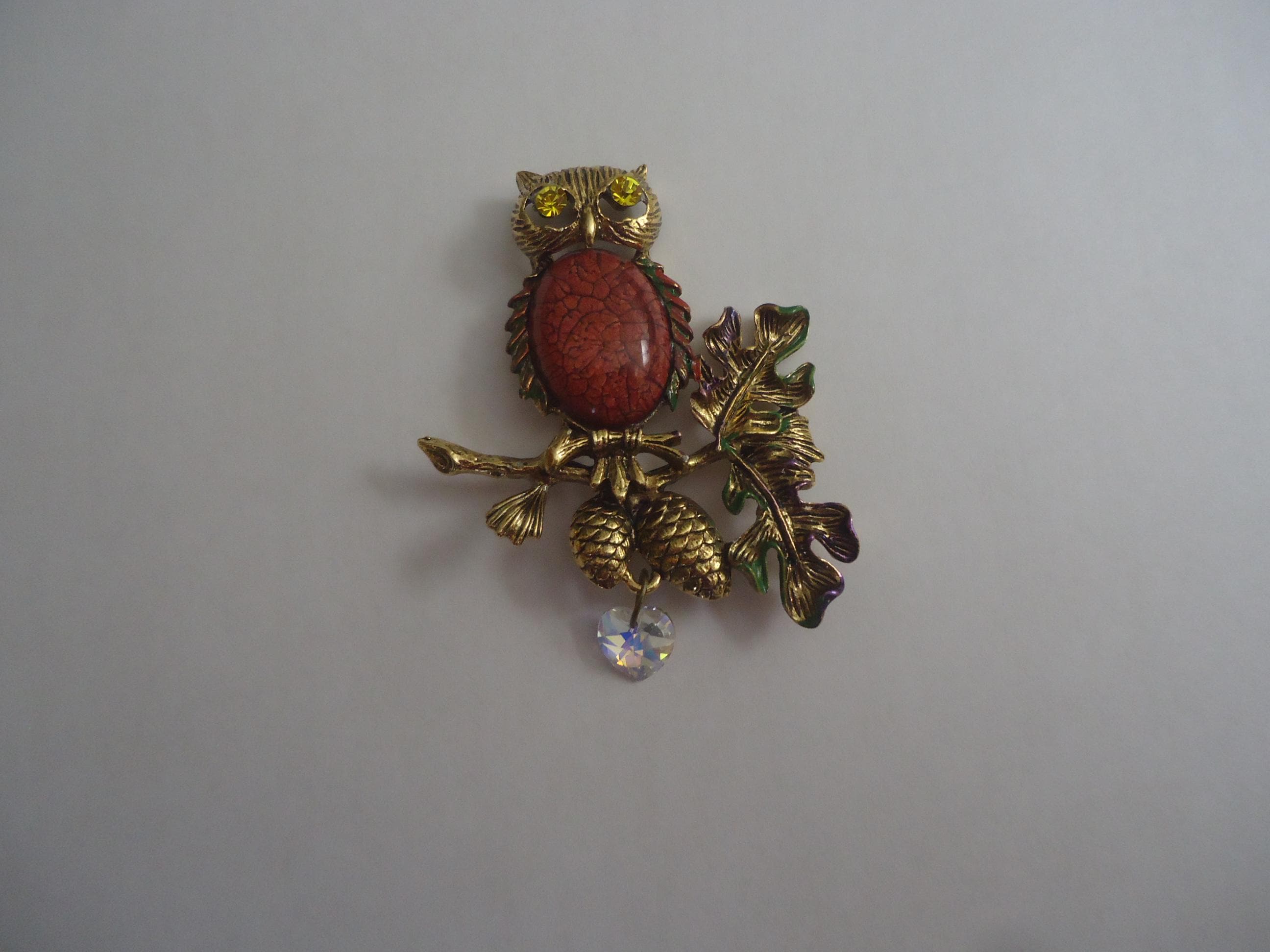 Owl Brooch with Enamel Accents and Rhinestones