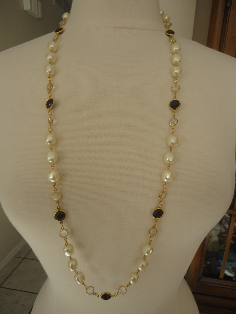 37 Long Long Beaded Glass Faux Pearl and Crystal Necklace