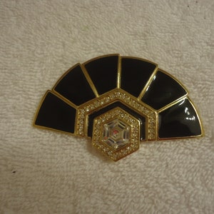 Trifari Art Deco Style Brooch, Black Enamel on Gold Tone Metal with Clear Rhinestones