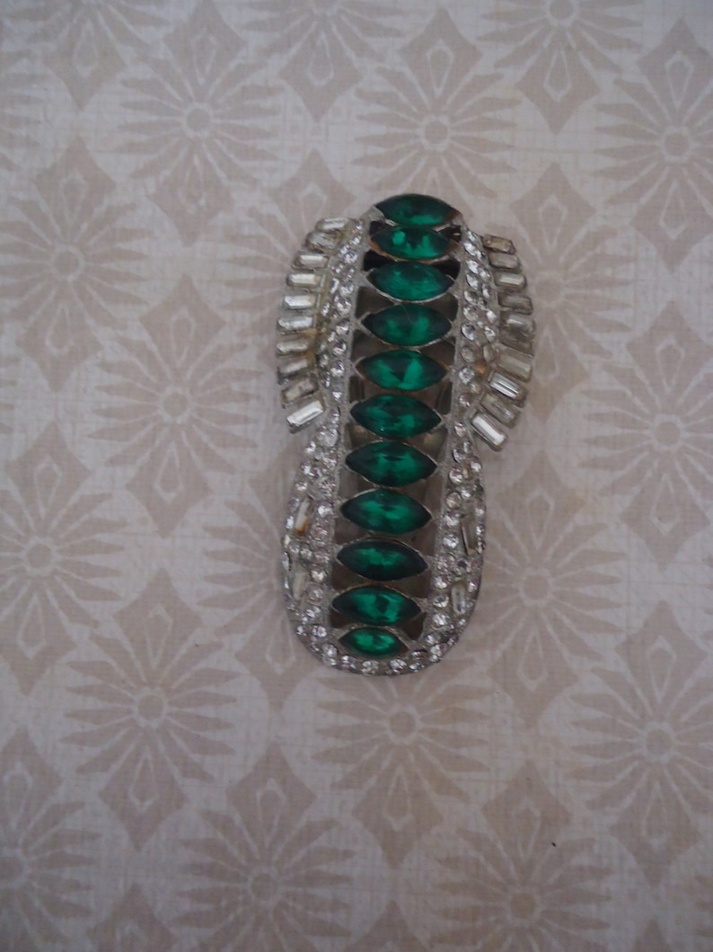 Vintage Green and Clear Rhinestone Dress Clip Silver Tone Metal