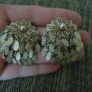 Clip On Earrings, Filigree Layered Gold Tone, Charm Dangles