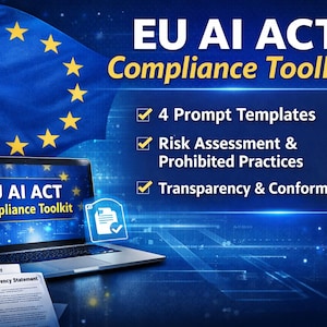 Op de afbeelding: Een laptop met "EU AI ACT Compliance Toolkit" met de EU-vlag op de achtergrond. De afbeelding benadrukt functies zoals promptsjablonen, risicobeoordeling en transparantiedocumenten. De tekst is wit en geel op een blauwe achtergrond.