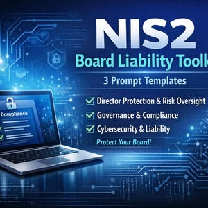 Puede incluir: Un portátil que muestra un documento de cumplimiento con un icono de candado, sobre un fondo de circuito digital azul. La imagen promociona el NIS2 Board Liability Toolkit, destacando la protección de directores, la gobernanza y la ciberseguridad.
