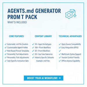 May include: A white informational graphic titled AGENTS.md GENERATOR PROMT PACK with blue text and checkmarks. It lists core features, content library items including 50+ agent archetypes, and technical advantages like open-source compatibility.