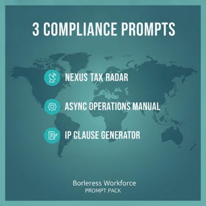 May include: A teal graphic featuring a world map background with the white text 3 COMPLIANCE PROMPTS. It lists NEXUS TAX RADAR, ASYNC OPERATIONS MANUAL, and IP CLAUSE GENERATOR with corresponding icons. The bottom text reads Borderless Workforce PROMPT PACK.