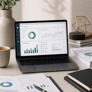 Könnte beinhalten: Ein Laptop zeigt ein digitales Dashboard mit verschiedenen Datendiagrammen, darunter ein Kreisdiagramm und ein Liniendiagramm. Im Vordergrund liegt ein schwarzer Stift auf einem Dokument mit gedruckten Balkendiagrammen und Notizbüchern.