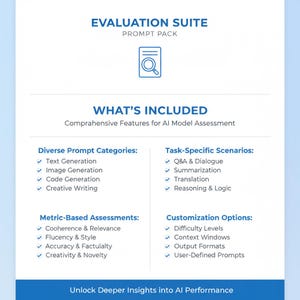 May include: A white informational document titled EVALUATION SUITE PROMPT PACK with a blue magnifying glass icon. It lists features including Diverse Prompt Categories, Task-Specific Scenarios, Metric-Based Assessments, and Customization Options.