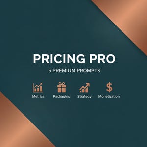 Op de afbeelding: Een donkergroene afbeelding met koperkleurige hoeken met de witte tekst PRICING PRO en 5 PREMIUM PROMPTS. Hieronder staan vier koperkleurige iconen met labels: een staafdiagram Metrics, een cadeau Packaging, een pijldiagram Strategy en een dollarteken Monetization.