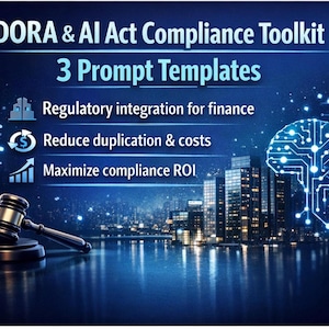 Op de afbeelding: Een digitale afbeelding die de DORA & AI Act Compliance Toolkit promoot. De afbeelding toont een hamer, een skyline en de tekst: "Regelgevingsintegratie voor financiën", "Duplicatie & kosten verminderen" en "Compliance ROI maximaliseren."
