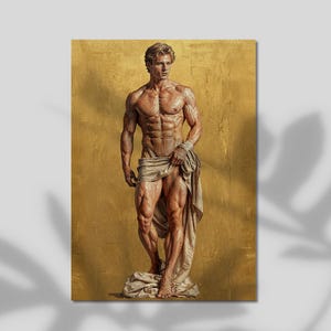 Puede incluir: Pintura de una figura musculosa de pie con una tela drapeada. La figura tiene piel clara y cabello corto y castaño claro. El fondo es de color dorado texturizado. La figura está de pie sobre un montón de tela.
