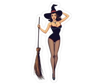 Vintage Style Pin-Up Witch Sticker, Broomstick Magic, Halloween Vinyl