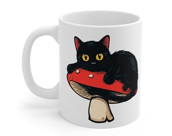 Black Cat on Mushroom Mug: Witchy Halloween Ceramic Cup
