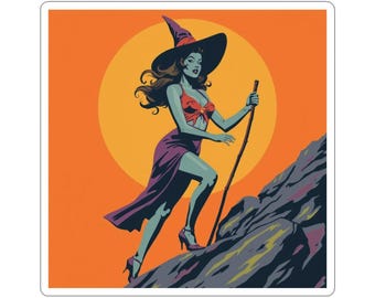 Pin-Up Witch Hiking Sticker, Vintage Witch Kiss Cut Vinyl Decal