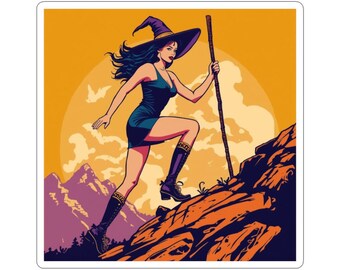 Pin-Up Witch Hiking Sticker, Vintage Witch Kiss Cut Vinyl Decal