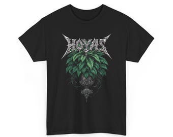 May include: Black t-shirt featuring the word "HOYAS" in a stylized, metallic font above a detailed illustration of a plant with green leaves and a decorative urn. The design has a gothic or metal aesthetic.