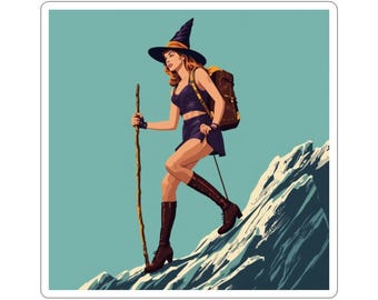 Pin-Up Witch Hiking Sticker, Vintage Style Witch Kiss Cut Vinyl Decal