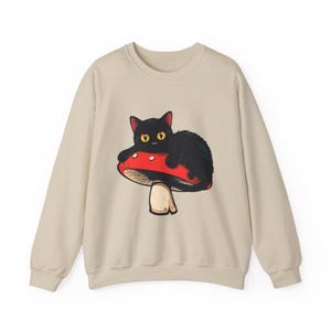 Black Cat on Mushroom Sweatshirt: Whimsical Feline Crewneck