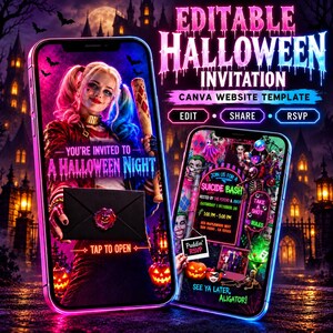 May include: Two smartphones display an editable Halloween invitation template. The left screen features a character with pigtails holding a baseball bat and a black envelope. The right screen shows event details, including the text Suicide Bash, hosted by The Psycho and Joker, with a date of October 26 and time of 1:00 PM to 5:00 PM.