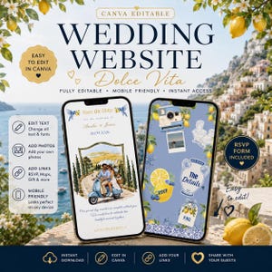 Puede incluir: Una plantilla de sitio web de bodas para Canva con dos teléfonos inteligentes que muestran diseños de invitación con temas de limones y costa. Las pantallas incluyen texto como Wedding Website, Dolce Vita, Save the Date y The Details, junto con ilustraciones de una pareja en scooter, una cámara y limones.