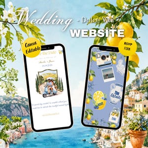 Dolce Vita Hochzeitswebsite-Vorlage (italienische Canva-Website): RSVP, Zeitplan, Location, Liebesgeschichte, Dresscode, Hotel & FAQ