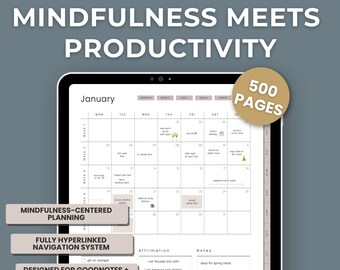 Cyfrowy planer na rok 2026 z narzędziami do uważności dla GoodNotes na iPada w formacie PDF (hiperłącze)