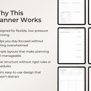 May include: A digital planner with a minimalist design, featuring various layouts for scheduling, note-taking, and habit tracking. The text "Why This Planner Works" is displayed, along with bullet points describing its features.