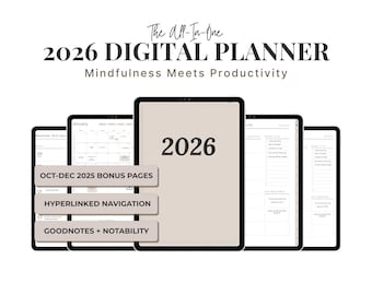 Cyfrowy planer 2026 na iPada | Hiperłączny kalendarz miesięczny i tygodniowy, wskazówki dotyczące uważności, kompatybilność z GoodNotes i Notability