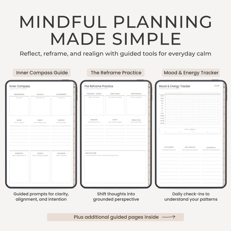 May include: A digital planner with the text "MINDFUL PLANNING MADE SIMPLE." The planner includes sections for the "Inner Compass Guide," "The Reframe Practice," and a "Mood & Energy Tracker." The planner is designed to help users reflect, reframe, and realign with guided tools.