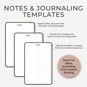 May include: Digital journaling templates are displayed in this image. Three digital tablets are shown, each with a different note style: lined, dotted, and blank. The image includes text such as "Notes & Journaling Templates" and "Capture ideas, lists, and notes."